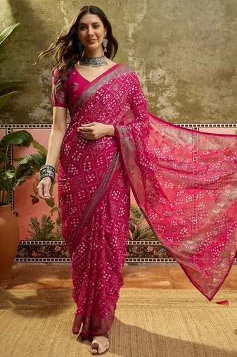 Rani georgette bandhni saree with unstitched blouse piece