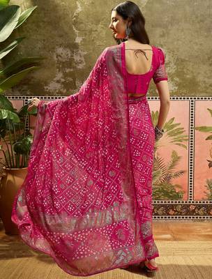 Rani georgette bandhni saree with unstitched blouse piece 3