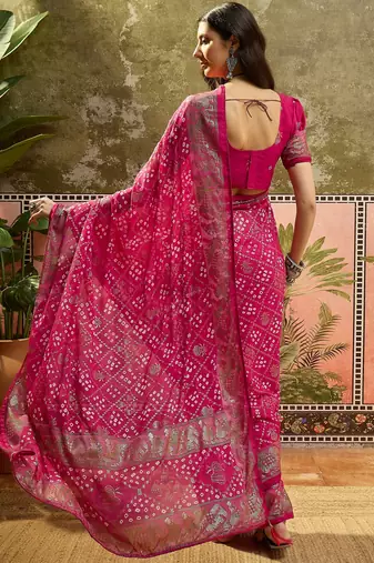 Rani georgette bandhni saree with unstitched blouse piece