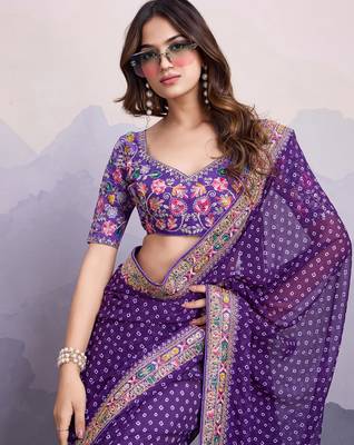 Purple bandhani printed georgette saree with multi-color embroidered border and blouse piece 2