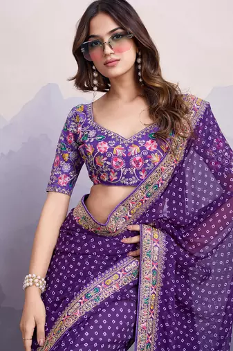 Purple bandhani printed georgette saree with multi-color embroidered border and blouse piece