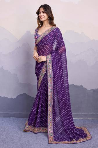 Purple bandhani printed georgette saree with multi-color embroidered border and blouse piece