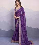 Purple bandhani printed georgette saree with multi-color embroidered border and blouse piece