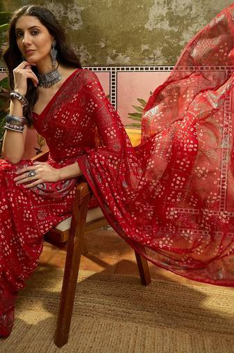 Red georgette bandhni saree with unstitched blouse piece