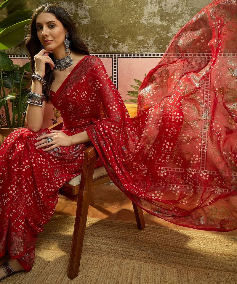 Red georgette bandhni saree with unstitched blouse piece