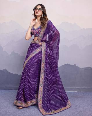 Purple bandhani printed georgette saree with multi-color embroidered border and blouse piece 3