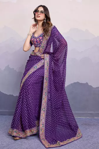 Purple bandhani printed georgette saree with multi-color embroidered border and blouse piece