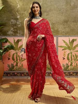 Red georgette bandhni saree with unstitched blouse piece 2