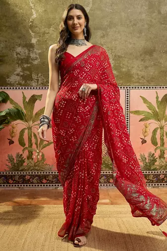 Red georgette bandhni saree with unstitched blouse piece