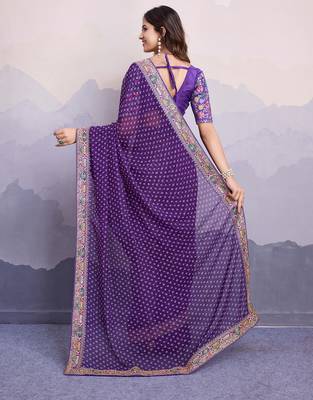 Purple bandhani printed georgette saree with multi-color embroidered border and blouse piece 4