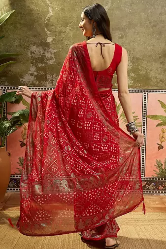Red georgette bandhni saree with unstitched blouse piece