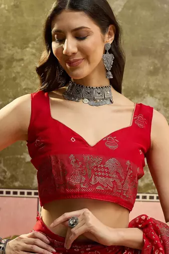Red georgette bandhni saree with unstitched blouse piece