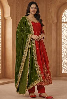 Orange fandy satin   party wear embroidery salwar  suit set 1