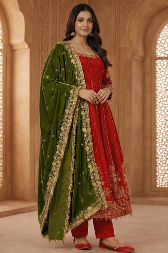 Orange fandy satin   party wear embroidery salwar  suit set