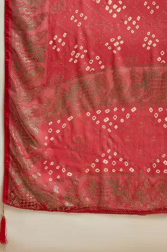 Red georgette bandhni saree with unstitched blouse piece