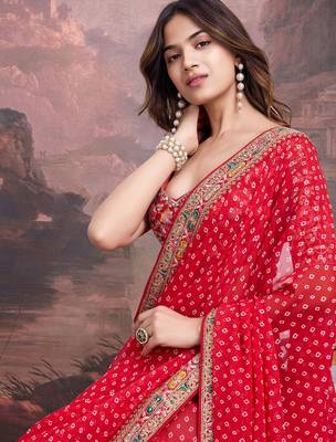 Red bandhani printed georgette saree with multi-color embroidered border and blouse piece 2