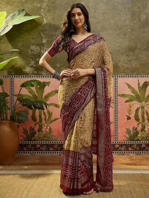 Beige georgette bandhni saree with unstitched blouse piece 2