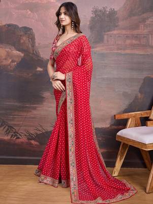 Red bandhani printed georgette saree with multi-color embroidered border and blouse piece 1