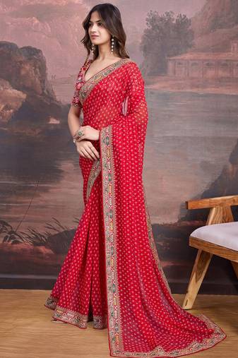 Red bandhani printed georgette saree with multi-color embroidered border and blouse piece