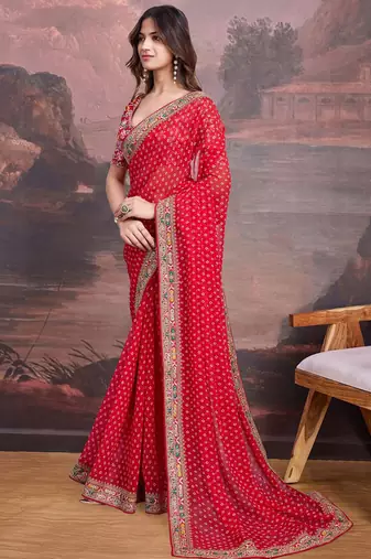 Red bandhani printed georgette saree with multi-color embroidered border and blouse piece