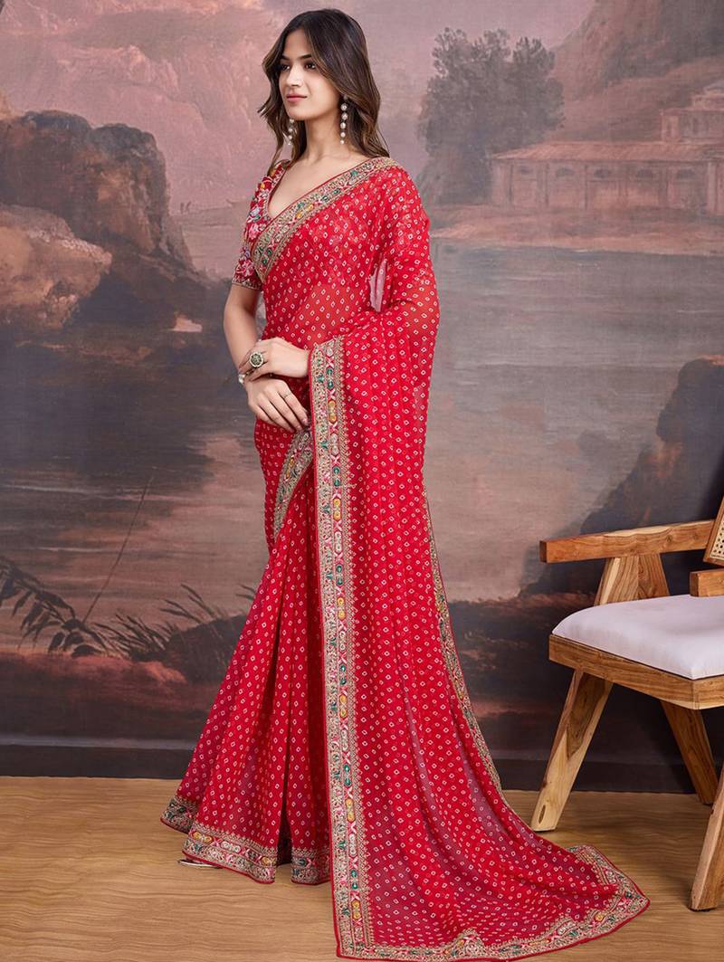 Red bandhani printed georgette saree with multi-color embroidered border and blouse piece