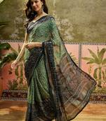 Green georgette bandhni saree with unstitched blouse piece