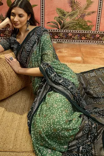 Green georgette bandhni saree with unstitched blouse piece