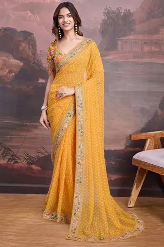 Yellow bandhani printed georgette saree with multi-color embroidered border and blouse piece