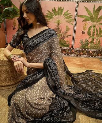Grey georgette bandhni saree with unstitched blouse piece 1