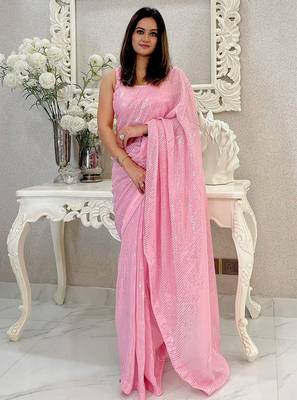 Baby pink all-over sequins striped georgette party wear saree with blouse piece 2