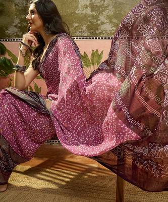 Onion georgette bandhni saree with unstitched blouse piece 1