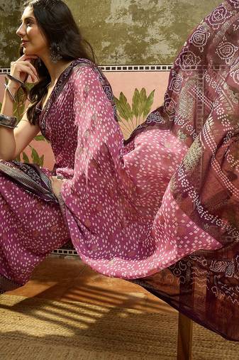 Onion georgette bandhni saree with unstitched blouse piece