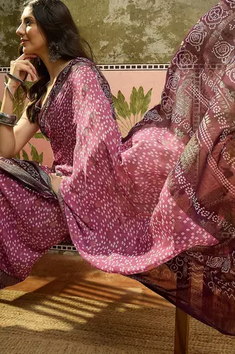 Onion georgette bandhni saree with unstitched blouse piece