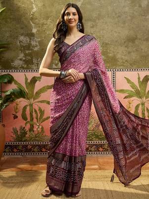 Onion georgette bandhni saree with unstitched blouse piece 2
