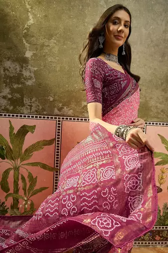 Pink georgette bandhni saree with unstitched blouse piece