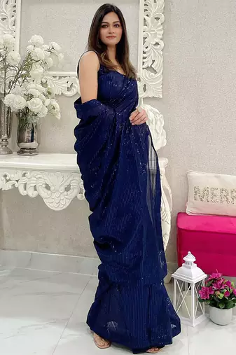 Blue all-over sequins striped georgette party wear saree with blouse piece