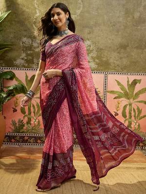 Pink georgette bandhni saree with unstitched blouse piece 2