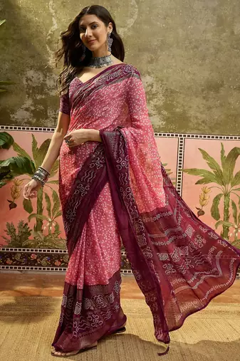 Pink georgette bandhni saree with unstitched blouse piece