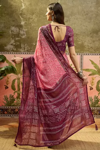 Pink georgette bandhni saree with unstitched blouse piece