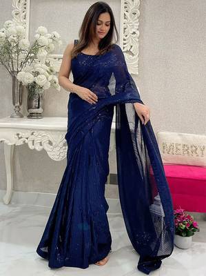 Blue all-over sequins striped georgette party wear saree with blouse piece 1