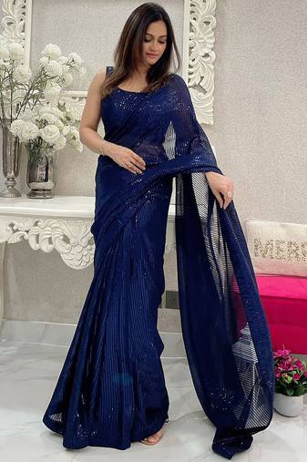 Blue all-over sequins striped georgette party wear saree with blouse piece