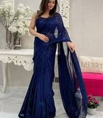 Blue all-over sequins striped georgette party wear saree with blouse piece