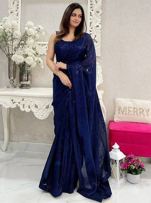 Blue all-over sequins striped georgette party wear saree with blouse piece 4