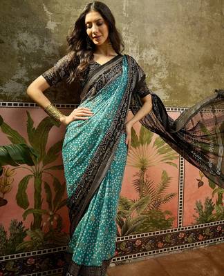 Rama georgette bandhni saree with unstitched blouse piece 1
