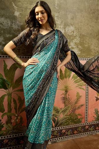 Rama georgette bandhni saree with unstitched blouse piece