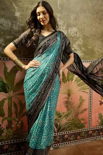 Rama georgette bandhni saree with unstitched blouse piece
