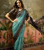 Rama georgette bandhni saree with unstitched blouse piece