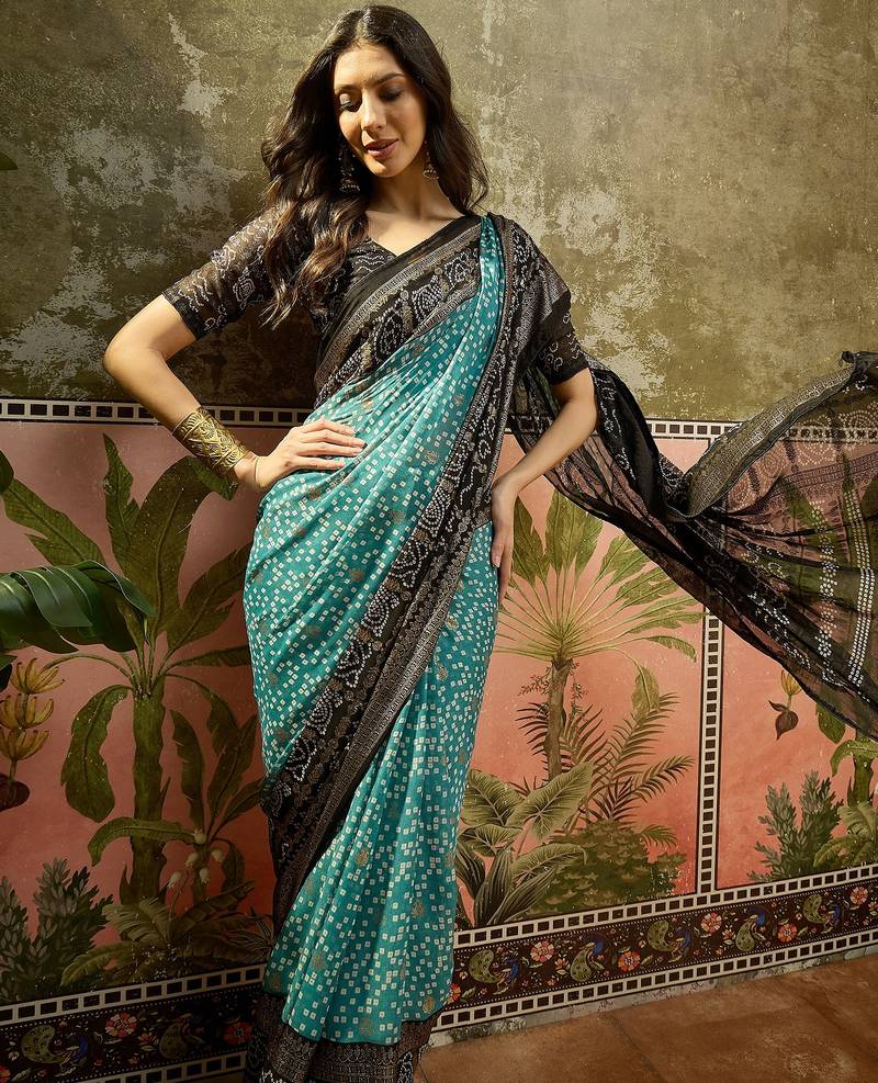 Rama georgette bandhni saree with unstitched blouse piece