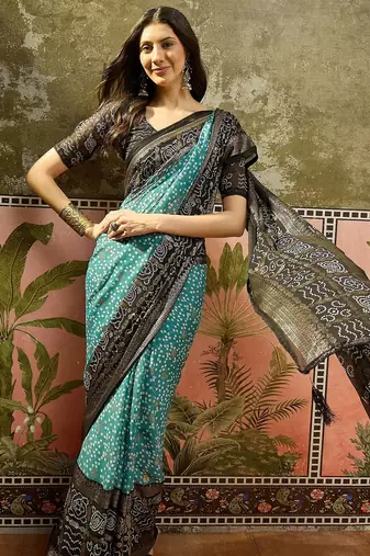 Rama georgette bandhni saree with unstitched blouse piece