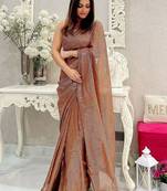 Coffee all-over sequins striped georgette party wear saree with blouse piece